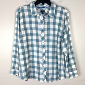 Talbots Button Down Plaid Womens XL Petite Shirt Ivory Blue Fall Casual NWT